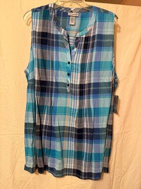 Catherines Sleeveless Plaid Henley Shirt - Blue, Teal